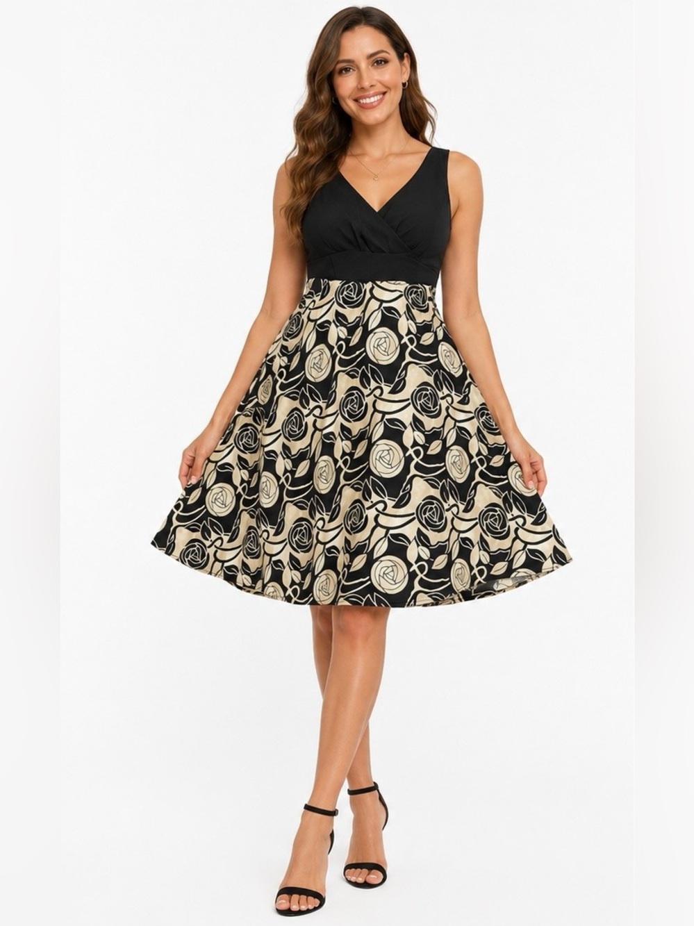 Greater Good Network Women's Floral Fit & Flare
Dress - Black & Cream